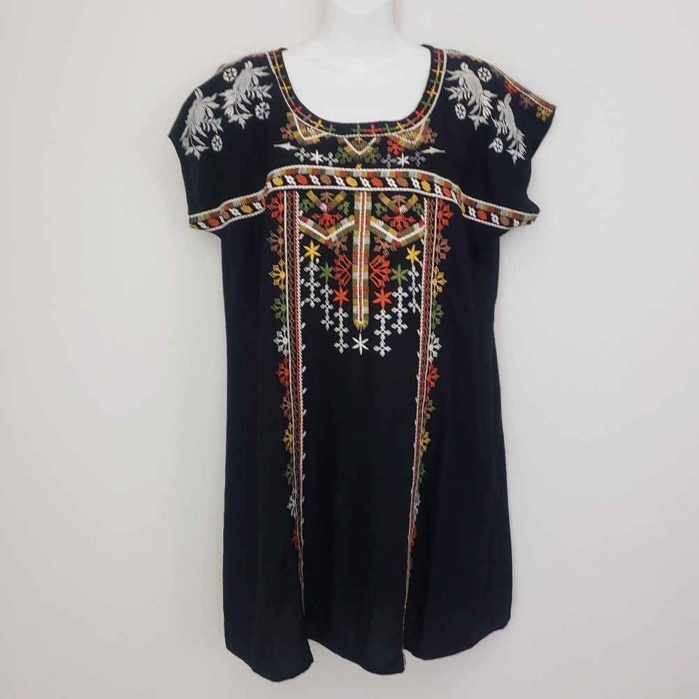 Gibson Latimer Shift Dress Medium Black Embroidered Boho Western Summer Casual